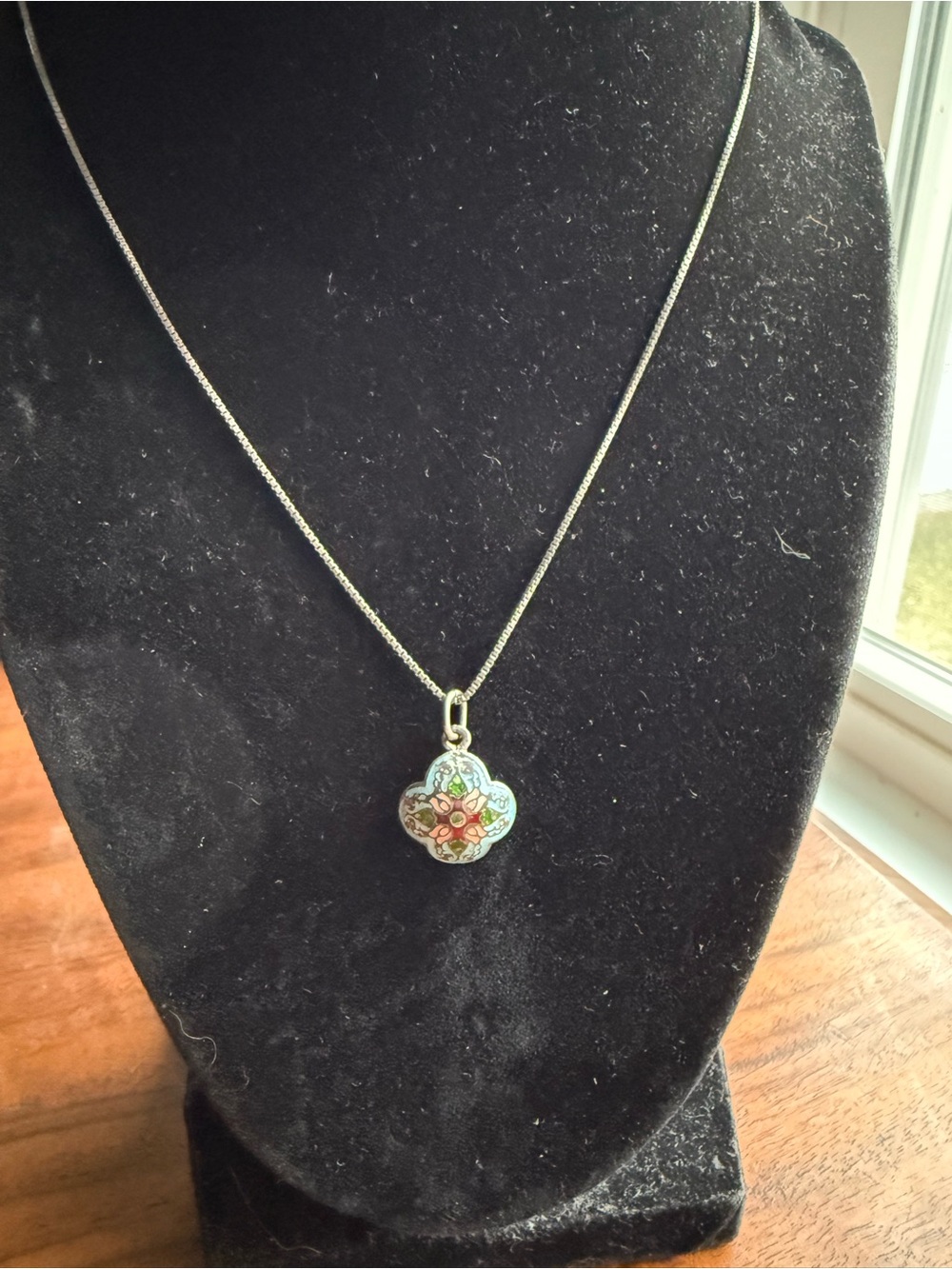 VINTAGE Silver Necklace with Multicolor Floral Cloisonné Pendant
